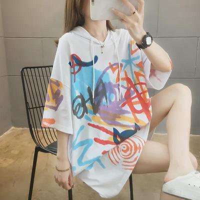 2025 Summer Graffiti Hooded T-shirt: Women's Medium-Long Korean Loose Fit Short Sleeve, Available In Plus Sizes