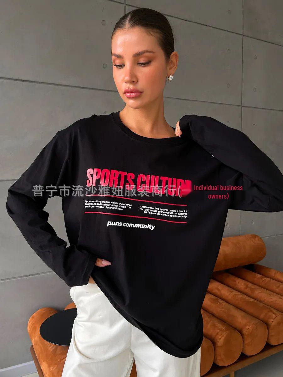 Новое поступление: Женский модный универсальный свитшот с принтом букв и круглым вырезом M чёрный