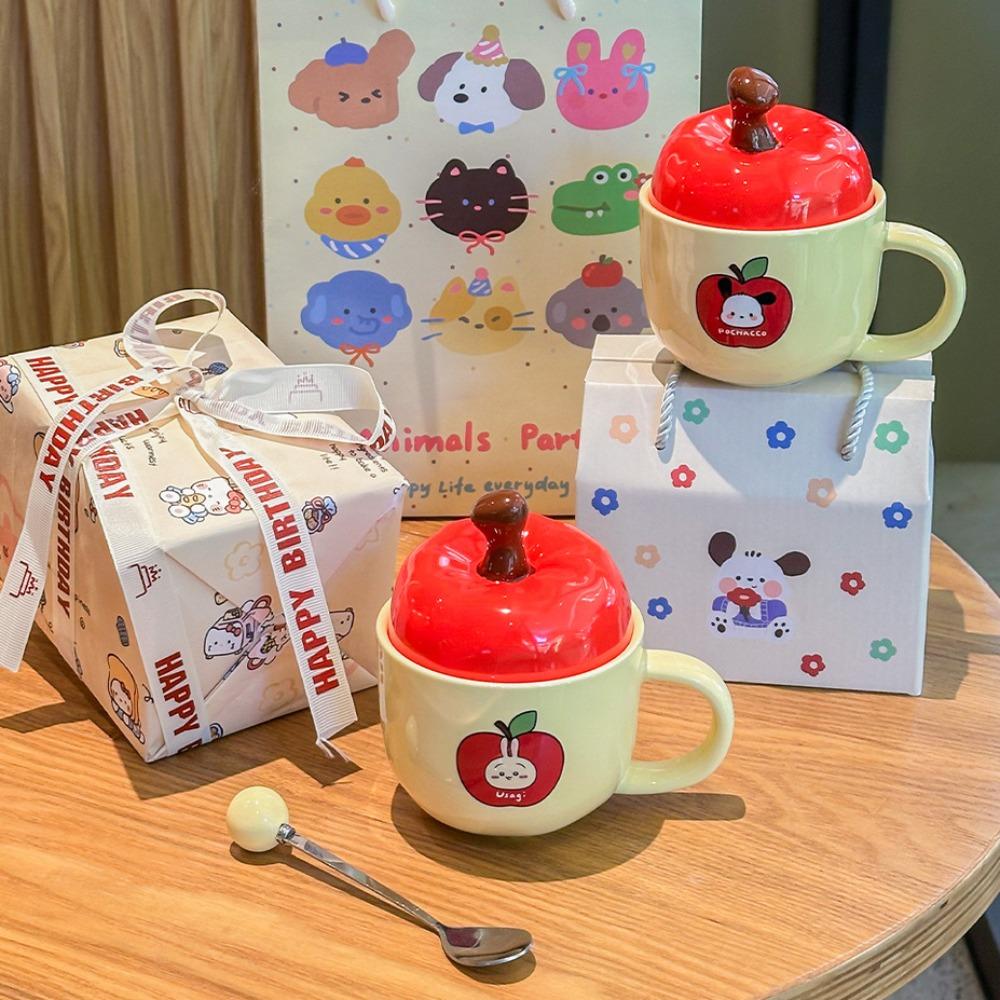 Cute Apple High-value Cup Ceramic Mug with Lid Spoon Couple Home Coffee Cup Girl Birthday Gift