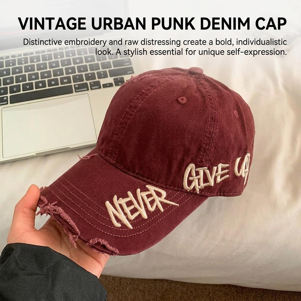 Embroidered Cross Washed Baseball Cap with Holes Punk Style Adjustable Streetwear Hat for Unisex
