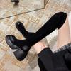 Large size boots autumn and winter new thick-soled thick heel retro black suede round head over the knee elastic thin boots
