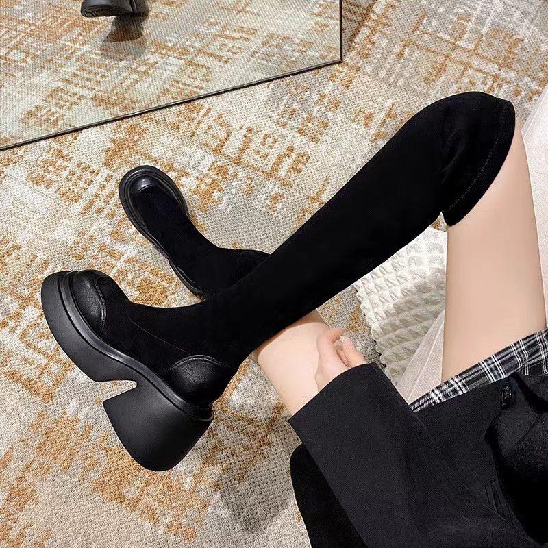 Large size boots autumn and winter new thick-soled thick heel retro black suede round head over the knee elastic thin boots