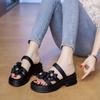 CRLAYDK Sandals for Women Strap Slip On Flowers Leather Slides Ladies Footwear Platform Low Square Heel Casual Beach Slippers