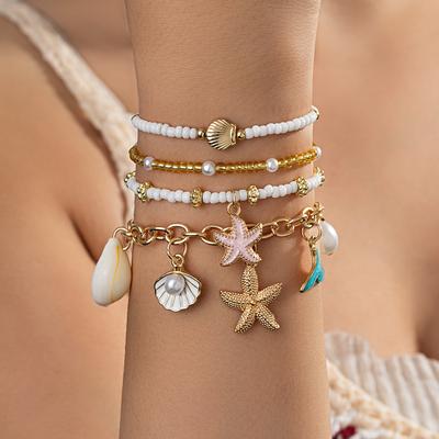 4-piece Ocean Style Stackable Bracelets, Imitation Starfish, Shell and Pearl Beaded Bracelets