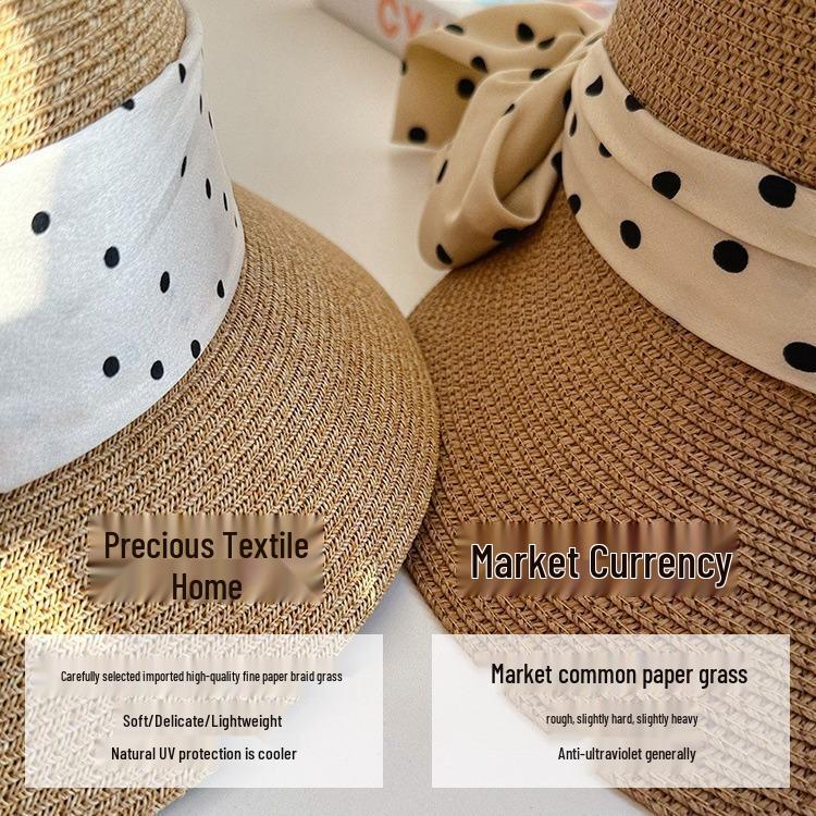 Women's Japanese Style Polka Dot Straw Hat with Ribbon Bow