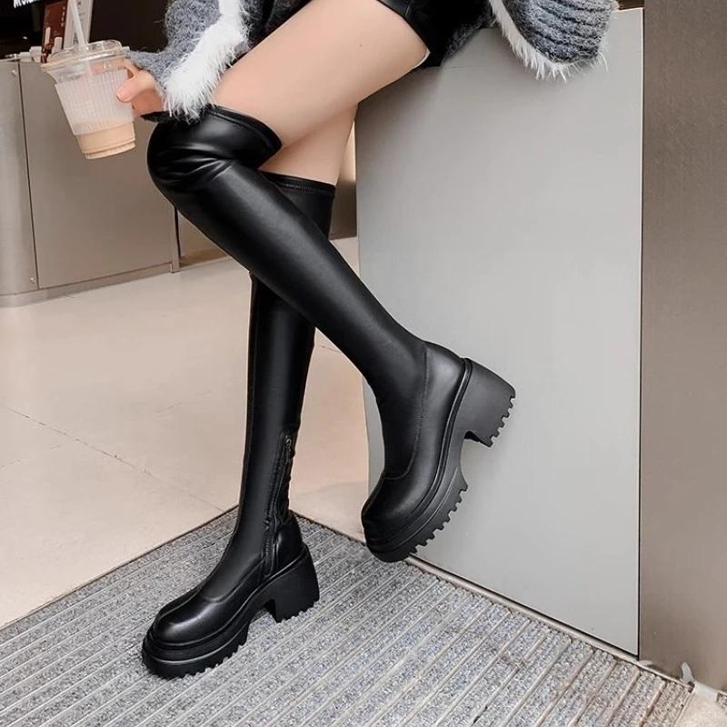 Women's High Over-the-knee Boots Round Head Half-zipper Elastic Thin Thick Bottom Boots Two Heights Optional Fashion Boots Shoes