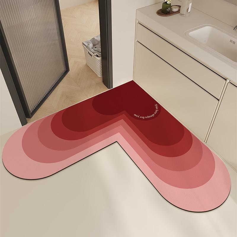 L Heart-Shaped Diatom Mud Floor Mat, Kitchen Water-Absorbing Non-Slip Foot Mat, Household Dirt-Resistant And Easy-To-Take-Care Floor Mat, Festive Red 70*70cm