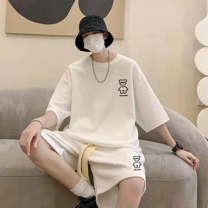 Men's Casual Ice Silk Waffle Suit - Loose Fit Summer T-Shirt & Shorts Set