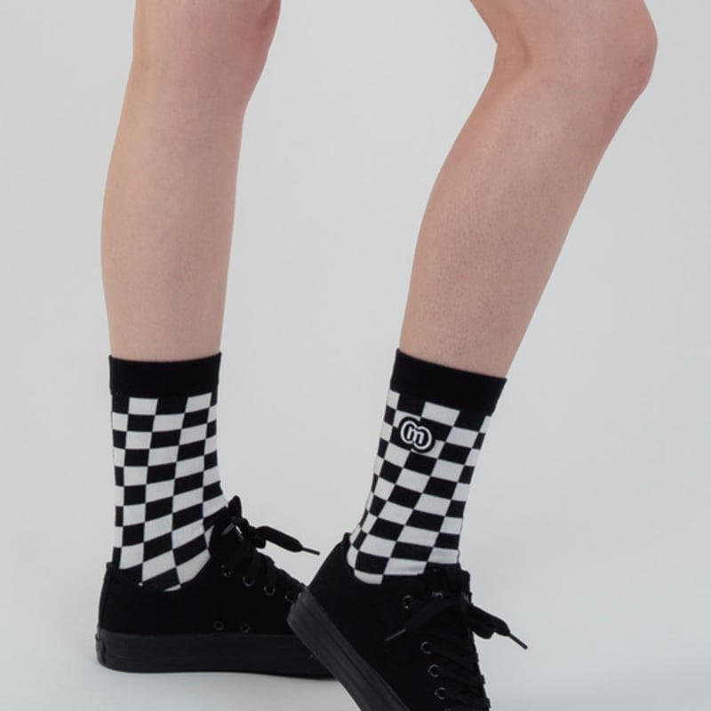 DOYOUKNOWMC ALL SEASON Gingham Check Intarsia Jacquard Logo Black Socks