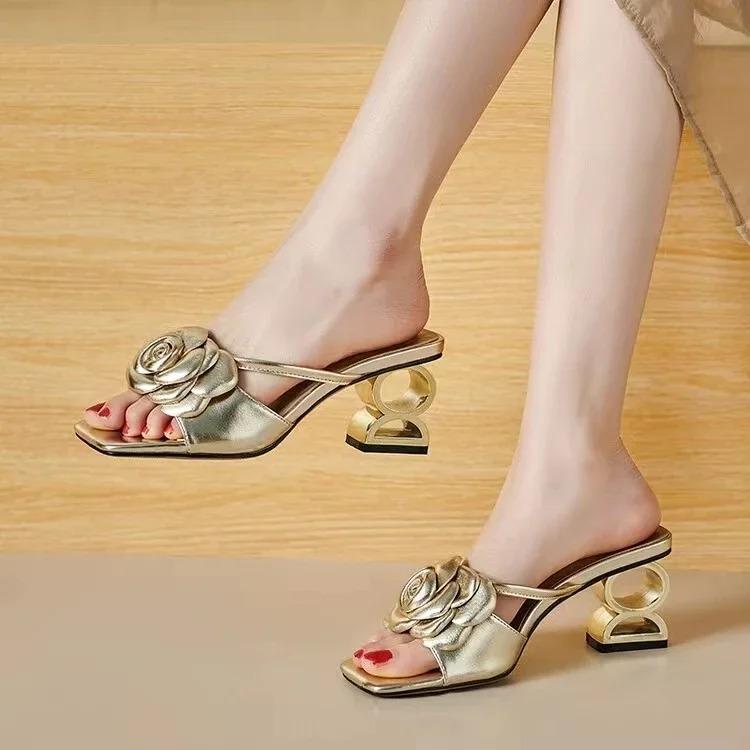 Fashion Camellia Slippers Fancy Summer Wear 2024 Soft Leather New Line Flower Sandals Open Toe with Half Drag Female