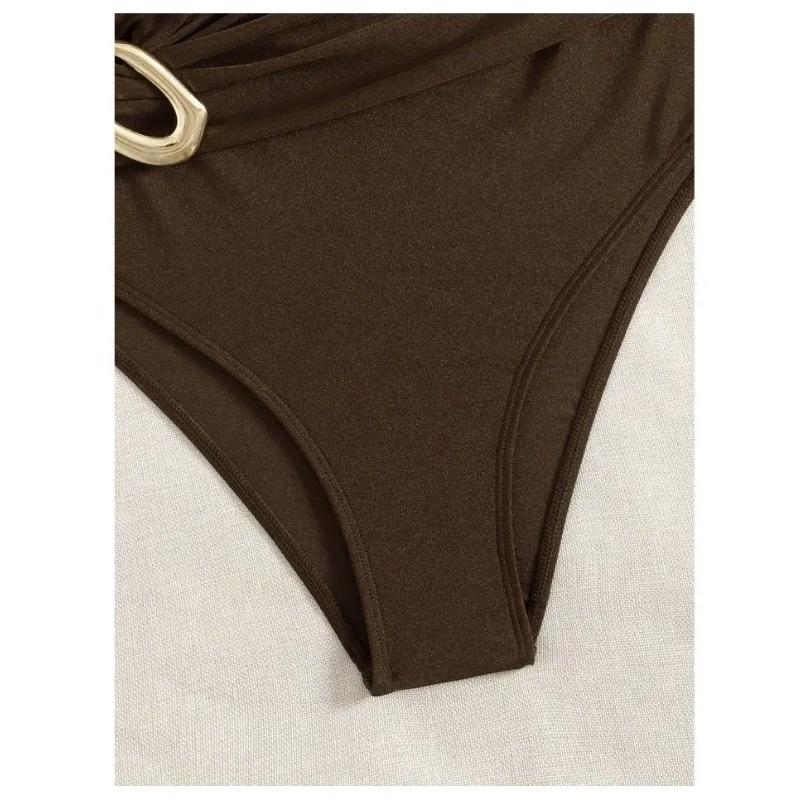Cikini Brown Swimsuit Metal Jewelry One Shoulder Vacation Style One-Piece Summer Beach Swimwear Bathing Suit For Women