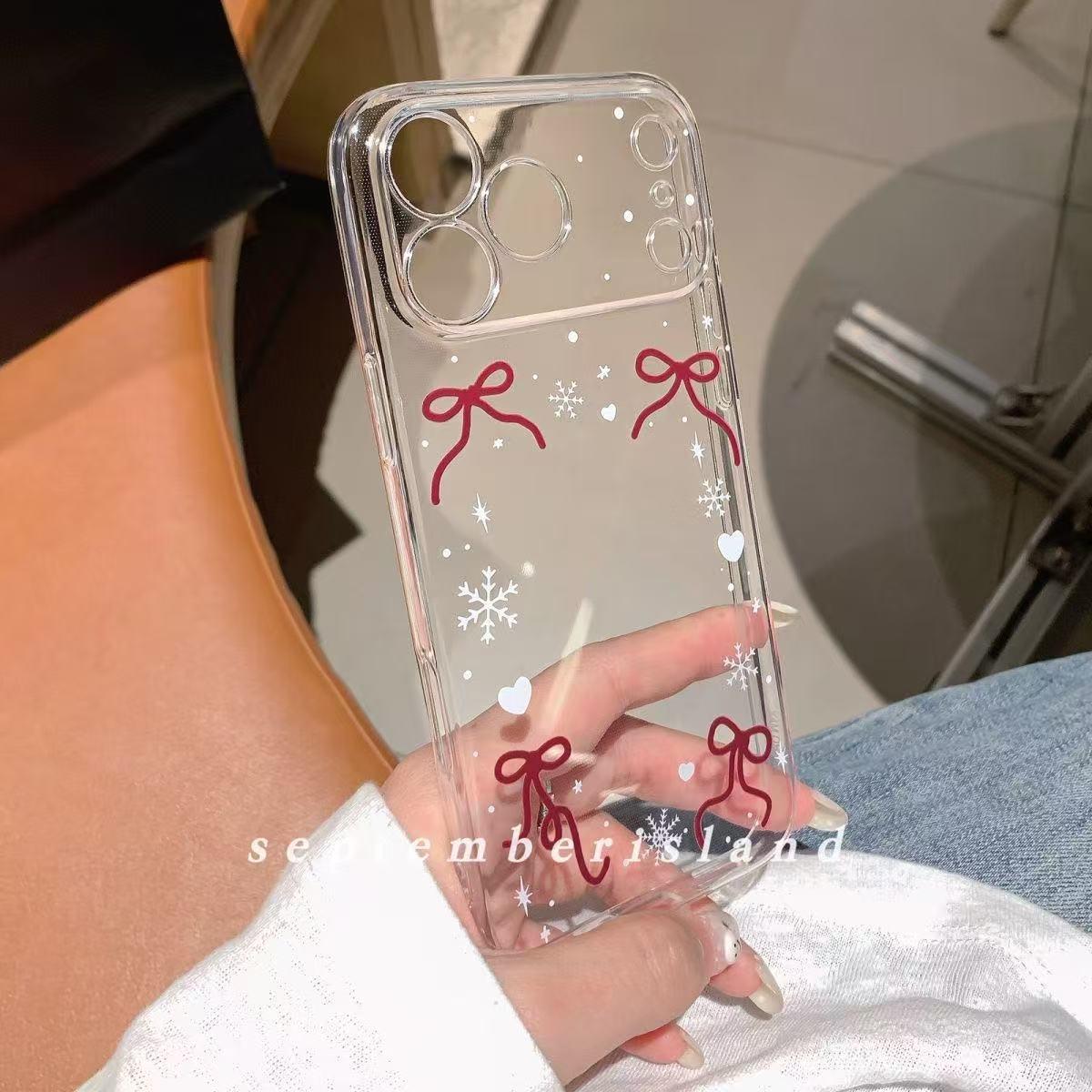 

Heart-Shaped Red Bow Phone Case for Apple 17 Pro Max, 16, 15, 13, 12 - Transparent and Girly Design iPhone X