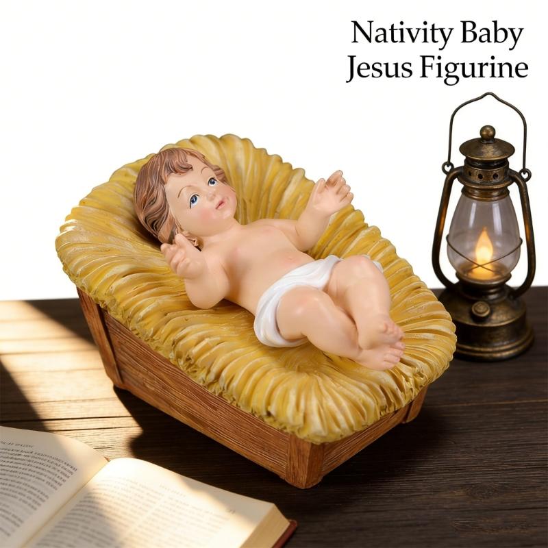 Resin Baby Jesuses in a Manger Nativity Figurines Nativity Collectible Statue Holy Faith Gift Christian Holiday Decors