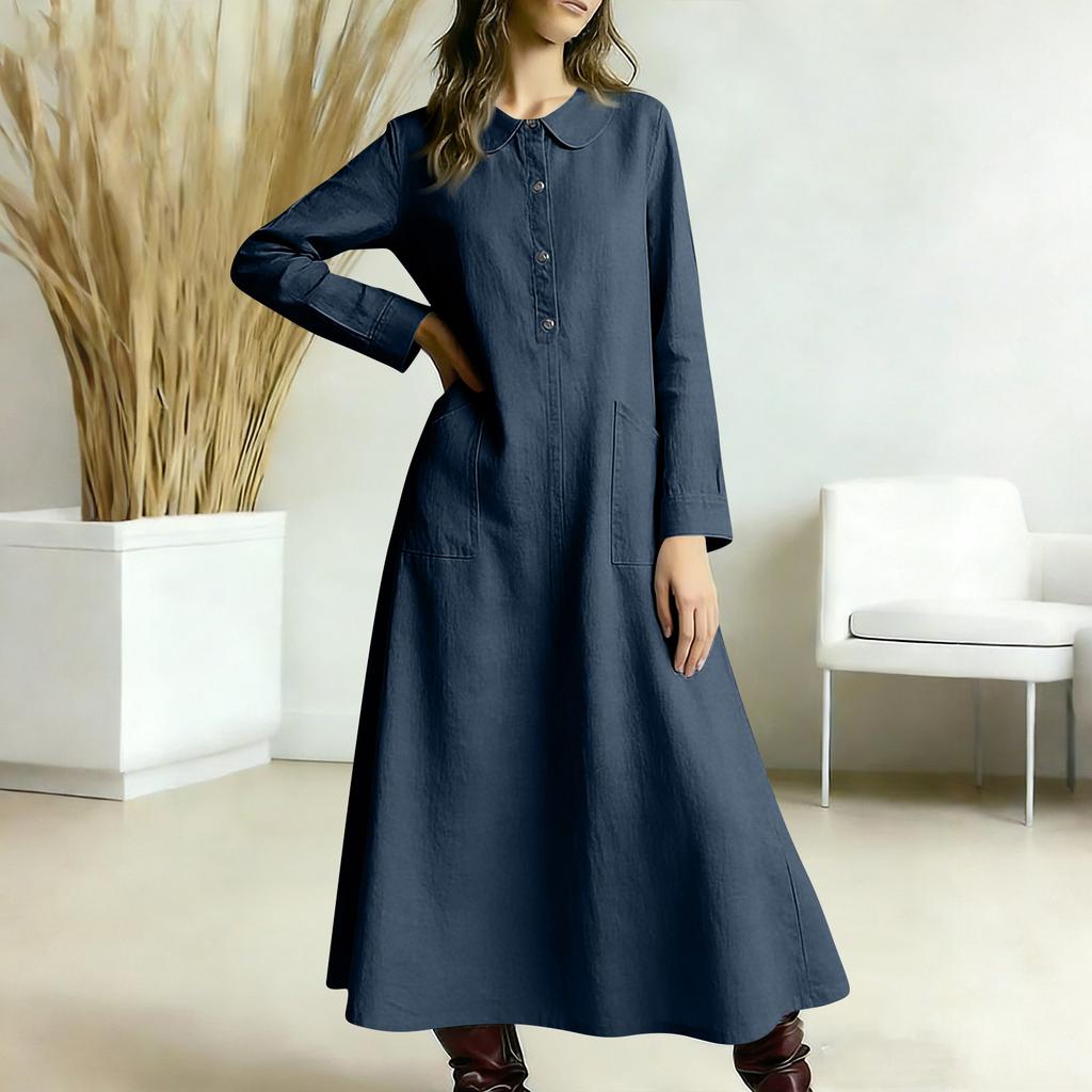 Women's -color Mid-length Loose-fitting Dress With Large Pockets And Casual