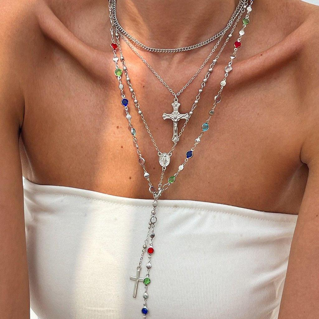 Women's Rhinestone Cross Pendant Tassel Layered Necklace