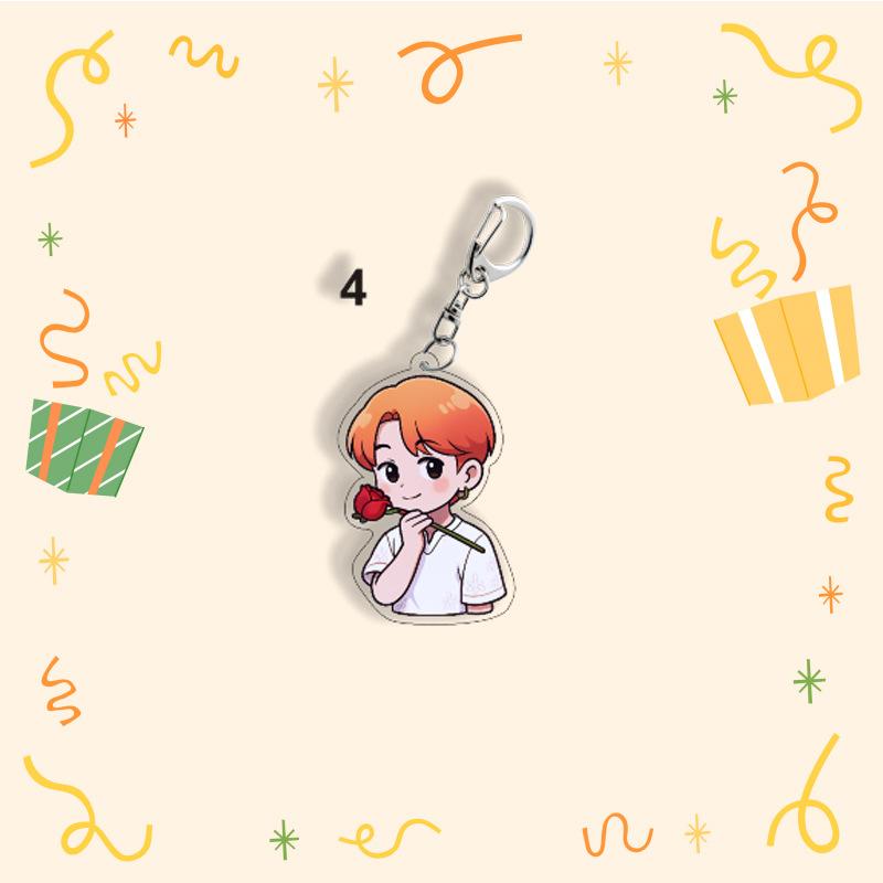 BTS Cute Keychain, Cartoon Figure Keyring with Rose Design, Kpop Idol Cartoon Bag Pendant for ARMY Fans(Jin RM Suga Jimin V J-Hope Jungkook)