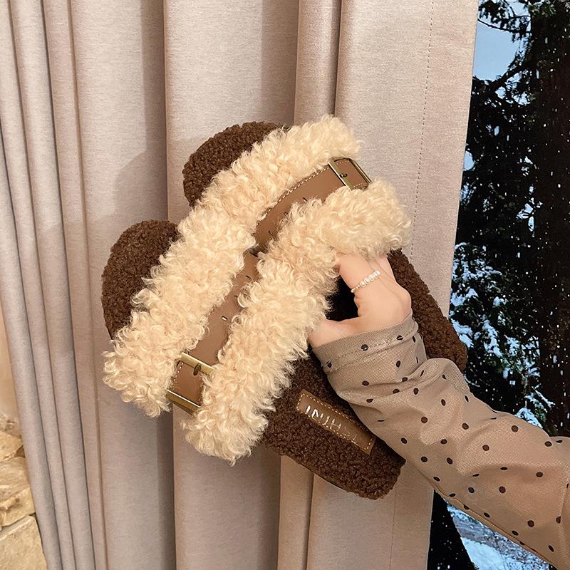 Thick-bottomed fluffy slippers women's autumn and winter outer wear 2025 new belt buckle curly hair cute outer wear one-word cotton mop