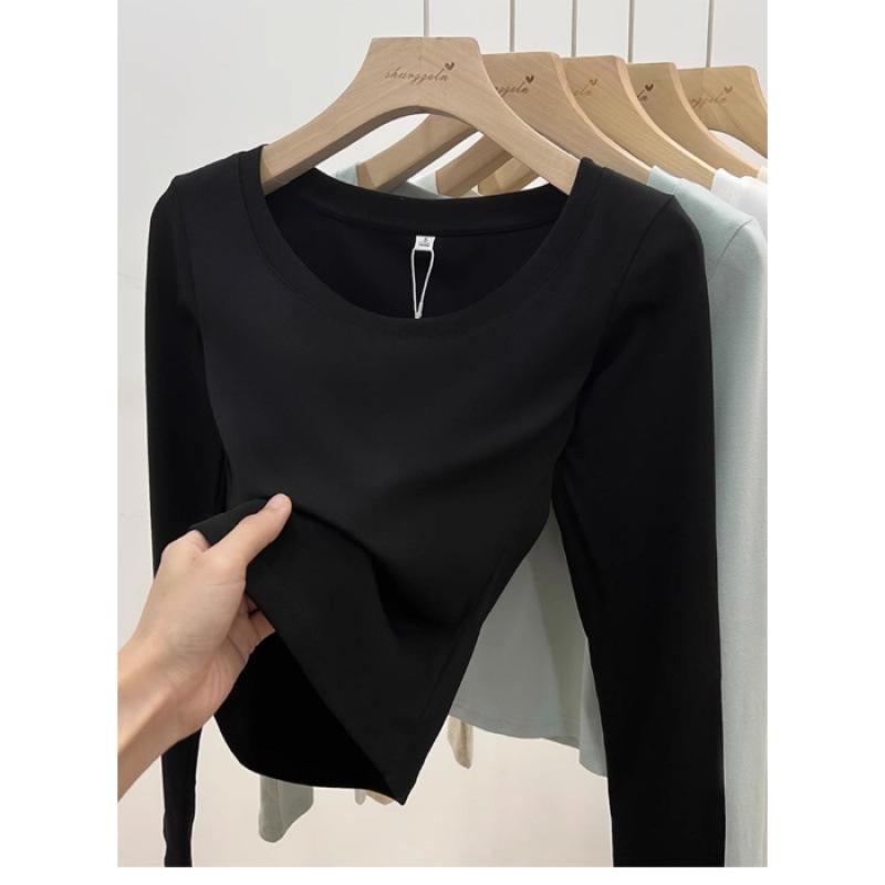 Quality American u-neck front shoulder short long-sleeved T-shirt women s autumn low-neck exposed collarbone S