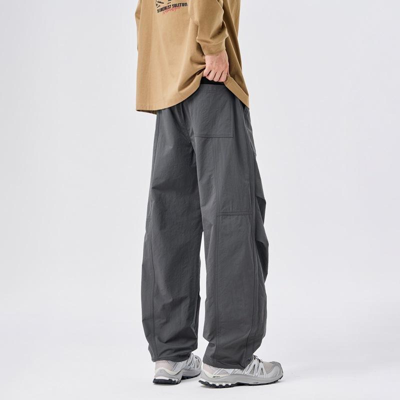 American fashion trendy brand elastic waist paratrooper pants boys solid color versatile loose wide leg drape casual straight-leg pants