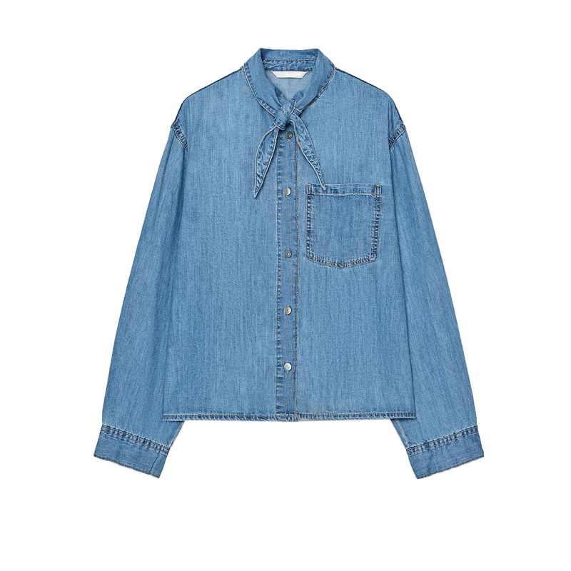 

Spring New Women s Clothing French Pleated Design Shoelace Denim Long Sleeves Retro Lapels Shirt 8197061 Blue L