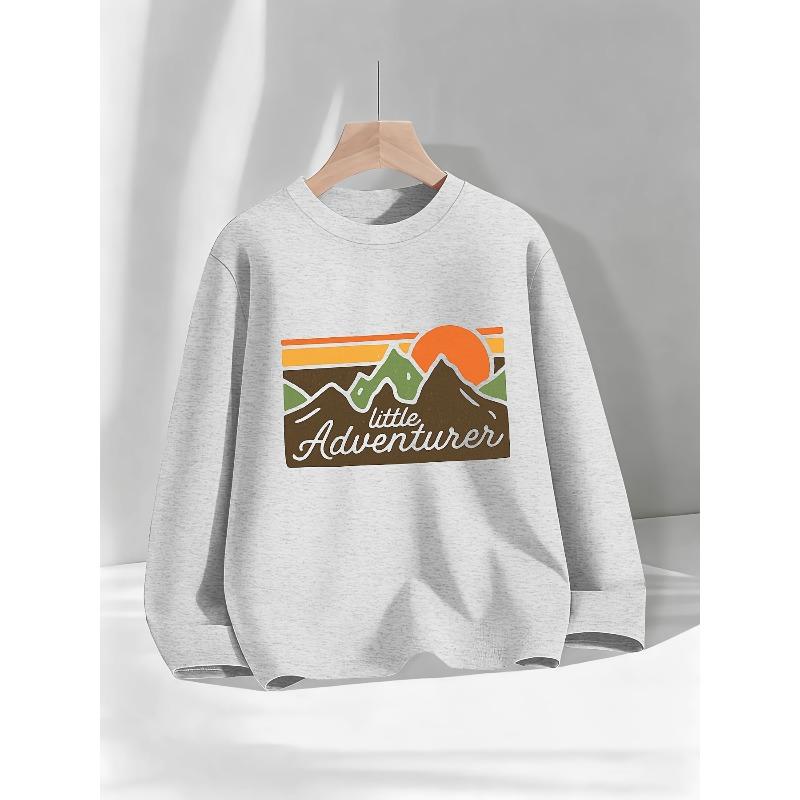 Cotton Kids Sweatshirt with Mountain & Tree Print - Little Adventurer Logo, Outdoor-Themed Casual Top ,Soft Round Neck Sweatshirt (Spring/Fall)