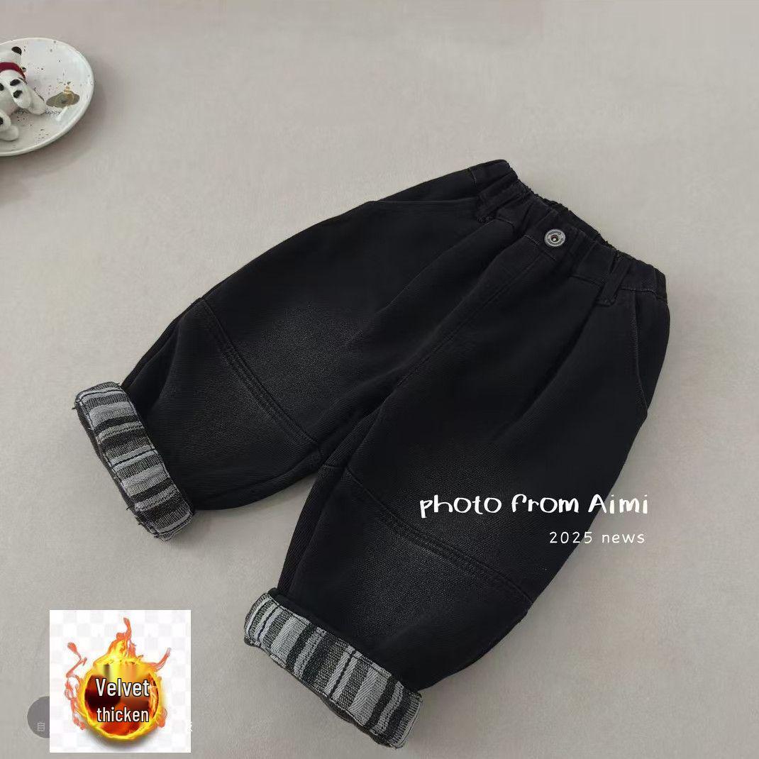 Мальчиковые клетчатые джинсовые комбинезоны на флисе, повседневные брюки 2025 80 чёрный