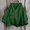 Womens Fashionable Solid Color V-neck Long Sleeved Lace Cotton And Linen Loose Shirt Top