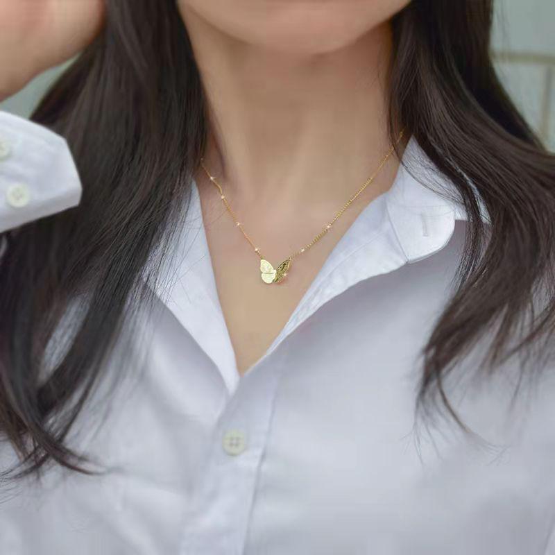 Korean Style Geometric Butterfly Necklace - Titanium Steel Clavicle Chain for Women