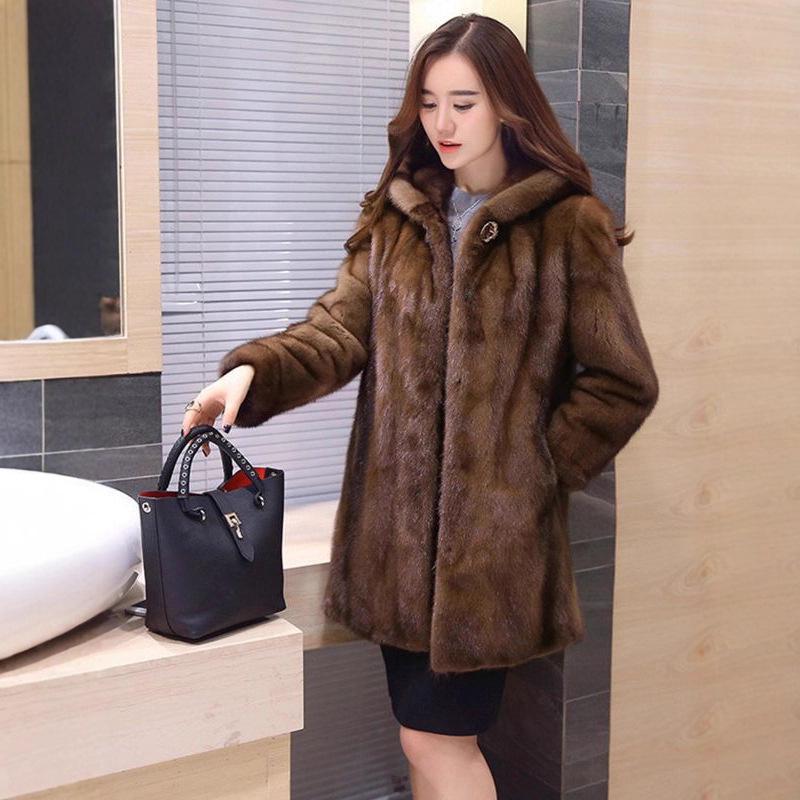 Women's Long Hooded Faux Mink Fur Coat - High-End Thickened Design