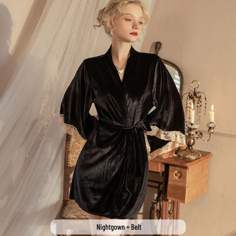 Gold Velvet Spaghetti Strap Nightgown with Chest Pads and Lace Trim - Autumn/Winter Collection
