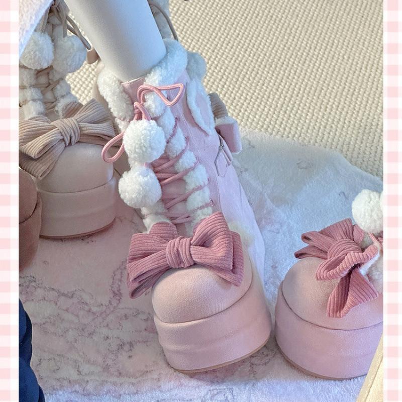 Lovely Girls Lolita Winter Mid Calf Snow Boots Cute Students Bowknots Lace Up Wedge Heel Plush Warm Shoes