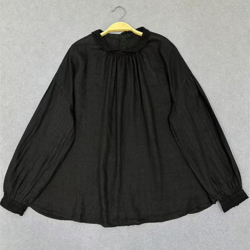 Johnature Thin Lace Trim Shirt Vintage Long Sleeve Top For Spring Autumn Women Shirts