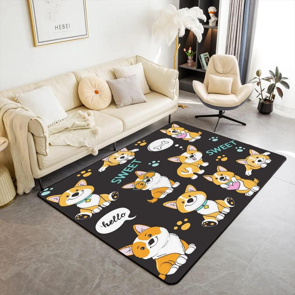 Cute Dog Print Area Rug Cartoon Corgi Pet Bones Living Room Rugs Playmat Lovely Puppy Animals Decorative Rug Indoor Floor Mat