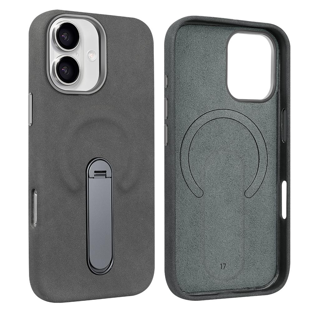 Suede PU Leather Magnetic Phone Case for iPhone 17 pro with 360° Rotatable Metal Holder Compatible with iPhone 17/16/15 Pro Max