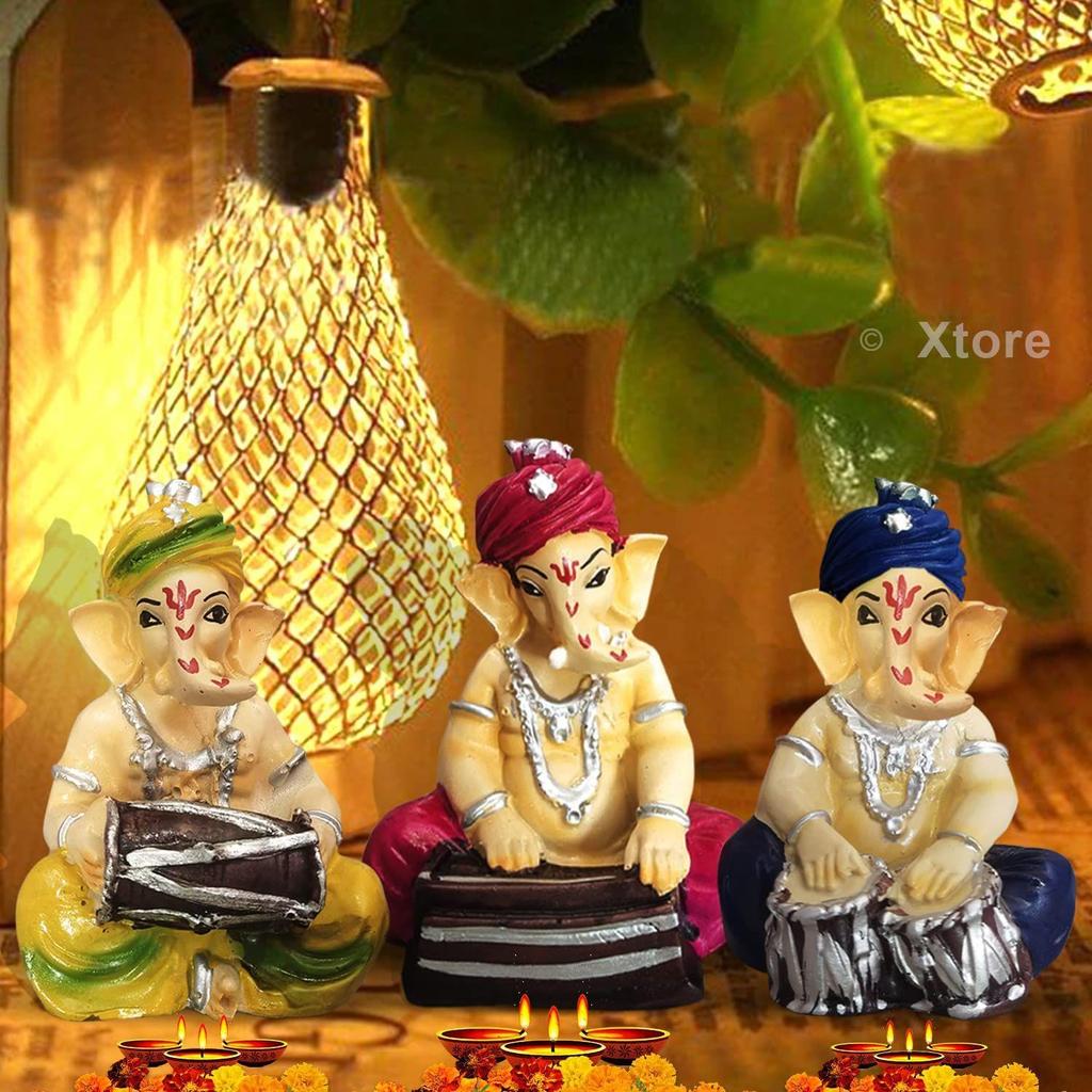 Musical Ganesha 3 Statues for Home Decor - (Multicolor, Pack of 3)