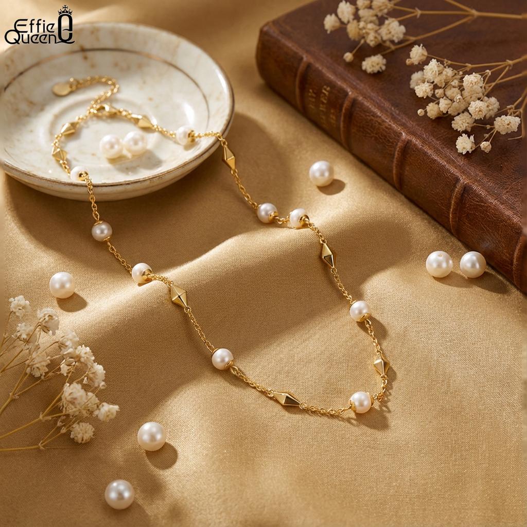EFFIE QUEEN 100% S925 Silver 14k Gold Rhombus Style Pearl Chain Choker Necklace Simple Jewelry for Women Banquet Party GPN52