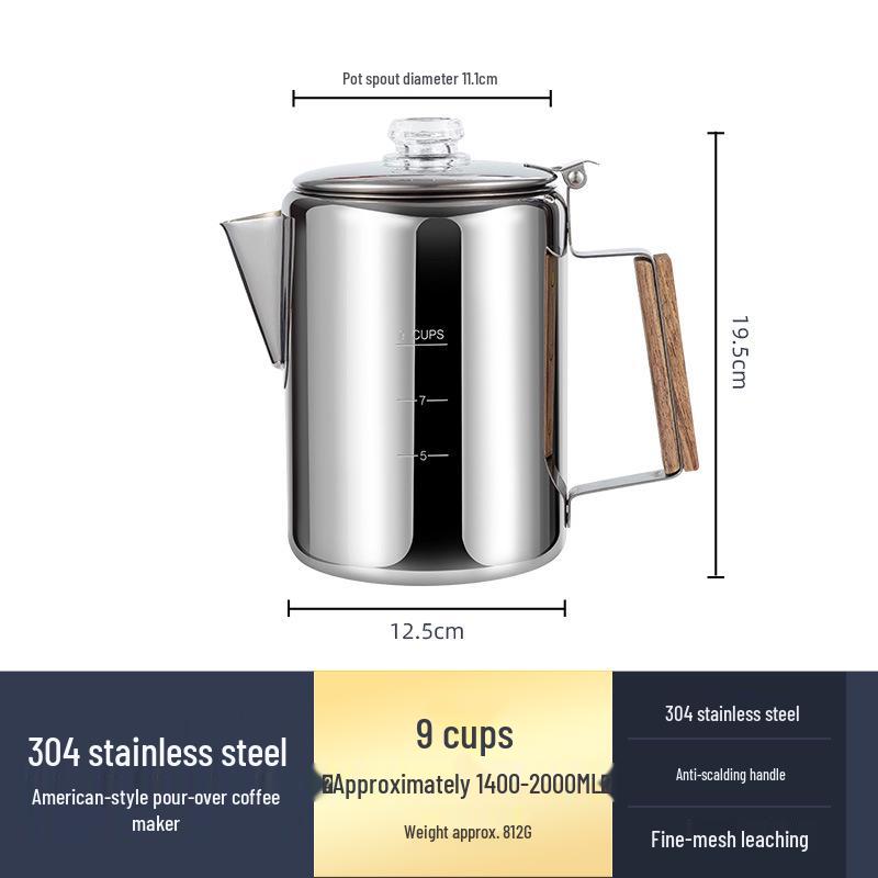 9-Cup American Style Stainless Steel Coffee Maker for Indoor/Outdoor Use - Convenient Camping Water Boiler