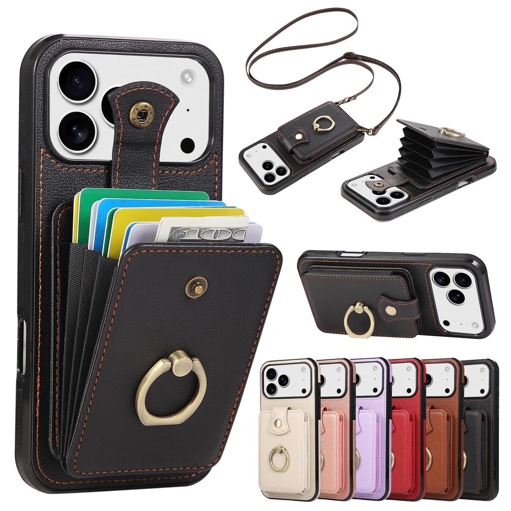 Strap Crossbody Leather Phone Case for iPhone 17 Pro Max Air 17E 16E 16 Plus 15 Pro 14 13 Mini 12 11 Ring Card Holder Bag Cover