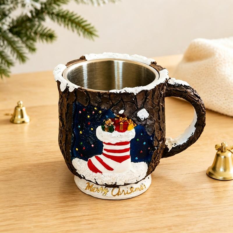 Christmas Tea Cup with Holiday Relief Pattern, Molded Shell, Metal Inner Cup for Gift Use and Winter Table Service