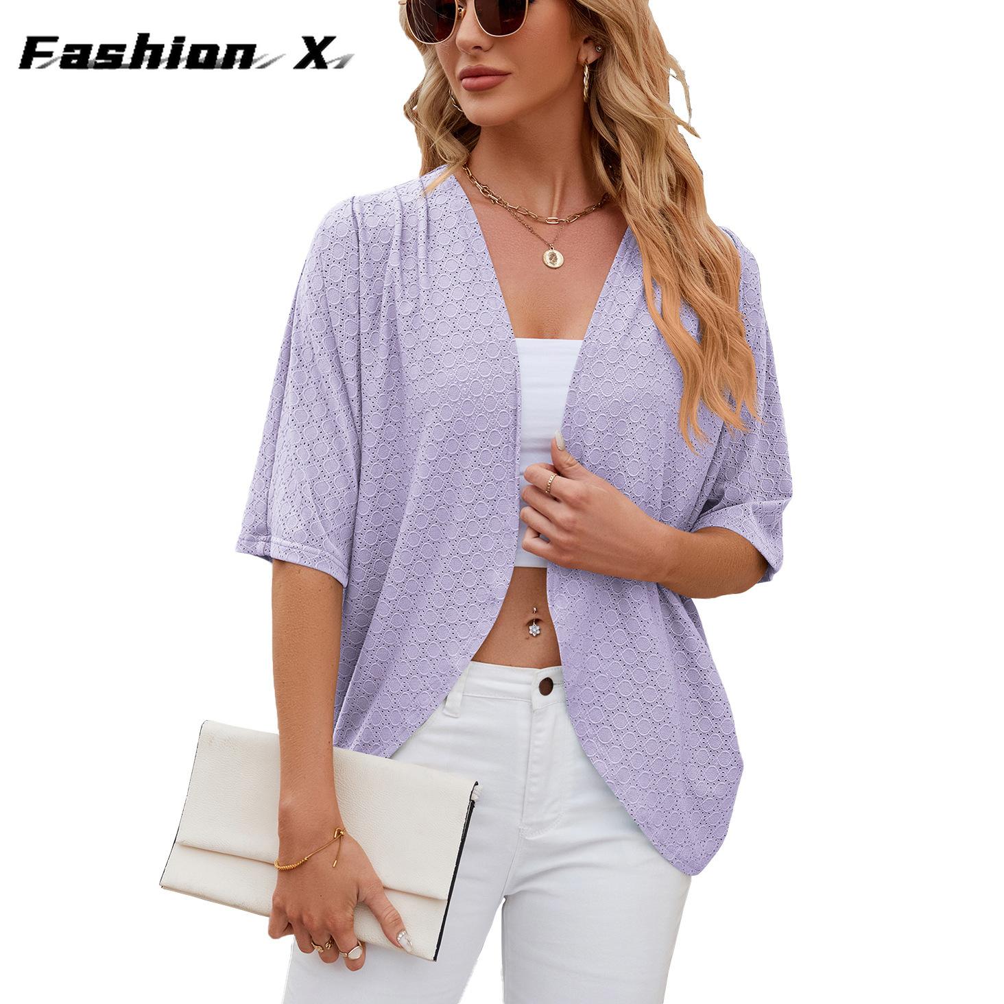 

2024 весна и лето, новый однотонный кардиган со средними рукавами, вязаная куртка-кардиган, рубашка с кондиционером 2XL фиолетовый