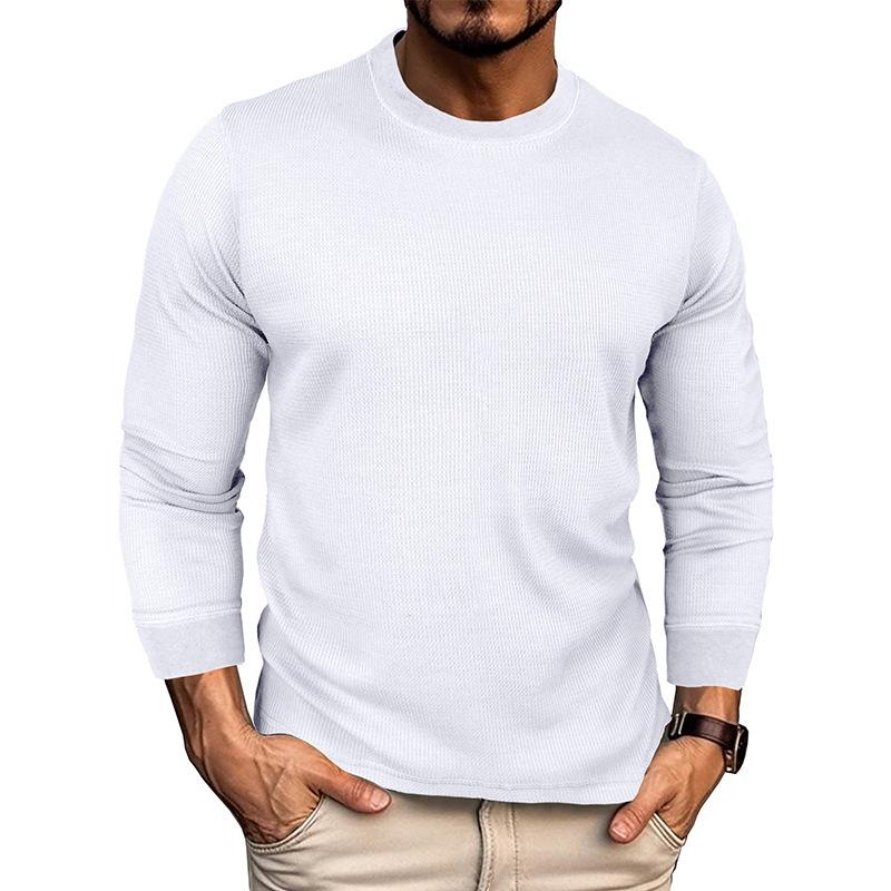 Men S European American Style Solid Waffle Knit Long Sleeve Crew Neck T Shirt S