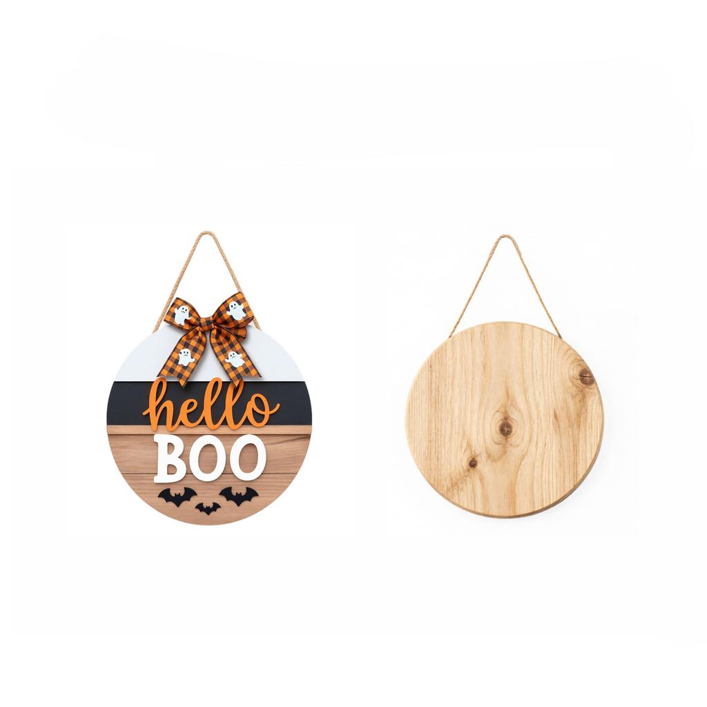 Wooden Round Halloween Door Sign Hanging Decoration Outdoor Porch Patio Party Seasonal Welcome Sign with Bow and Bat Cutouts