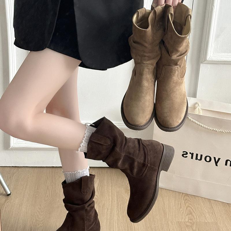 Pleated Stacking Boots 2025 New Summer Thick Heel V Mouth Thin Versatile Low Tube American Retro Western Cowboy Boots