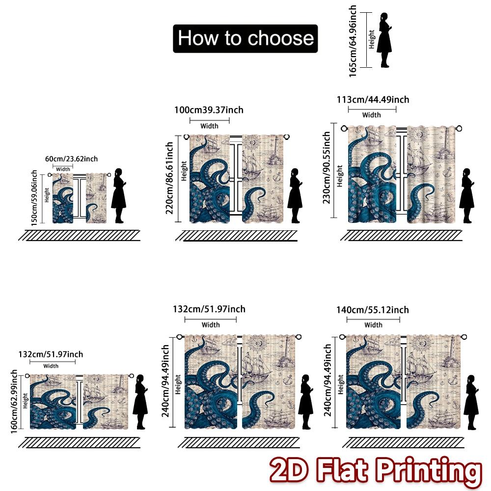 2D FLAT PRINTING 2pcs Curtains (Without Rod) Octopus and Sailing Ships Fashionable Modern Curtains Durable 100% Polyester Fabric