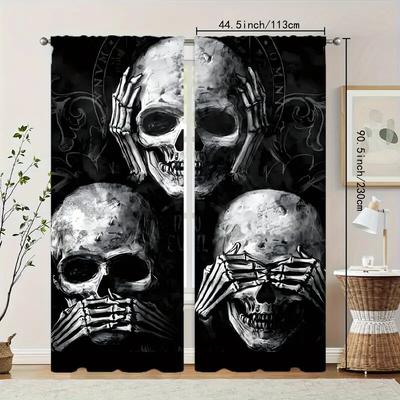 2 Pieces of High-definition Digital Black Skull Print Curtains, Pole Bag Home Decoration, Room Decoration