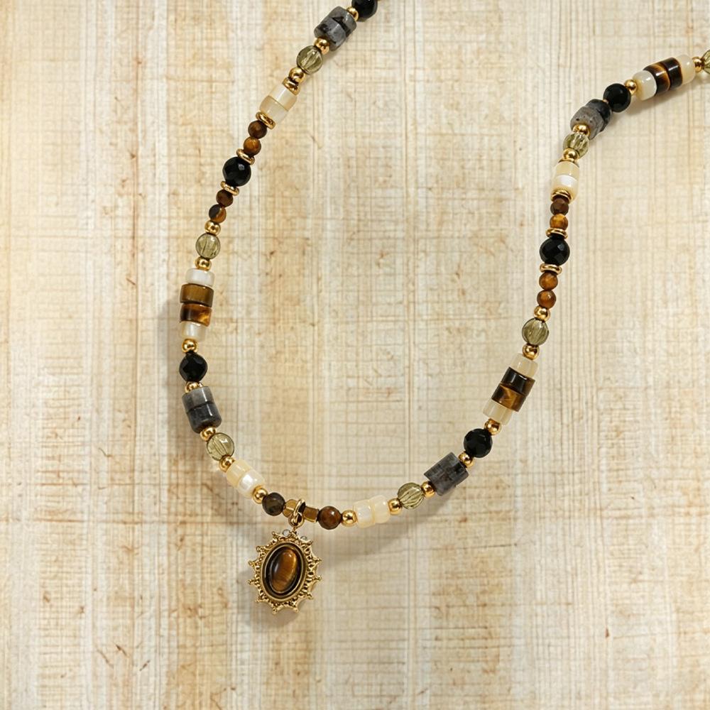 Old money wind tiger's eye stone necklace niche brown retro titanium steel beaded chain high-end shell handmade collarbone chain female