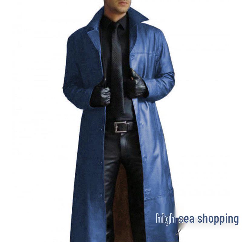 Men's Slim Fit Western Cowboy Leather Trench Coat with Lapel