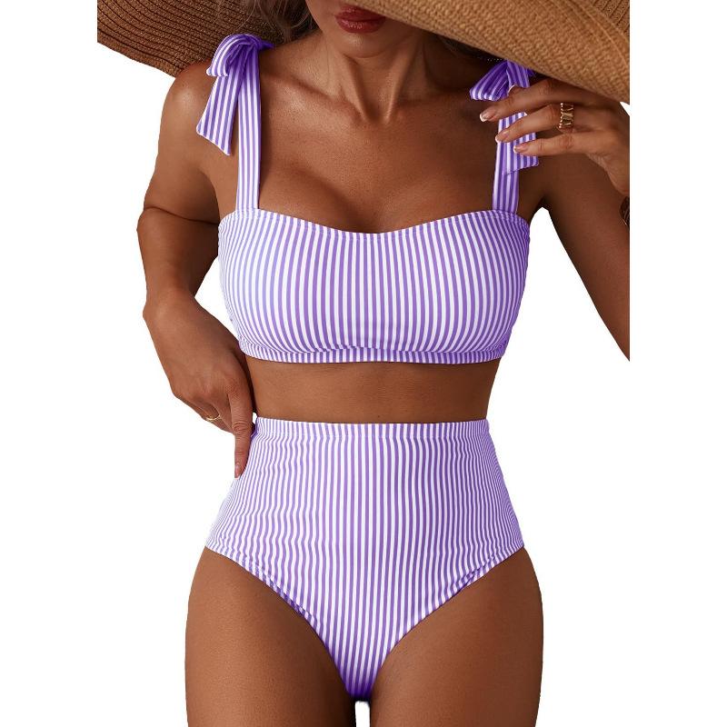 Bikini Set 2 Pezzi Costume da Bagno a Righe Costume da Bagno a Vita Alta