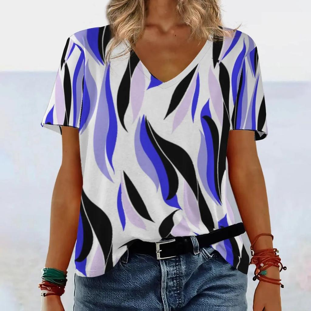 Women's Short Sleeved Fashionable T-shirt with Geometric 3D Printing, Women's V-neck Short Sleeved T-shirt