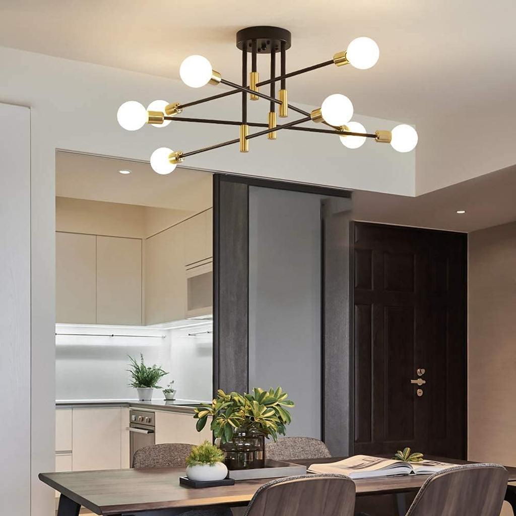 Candelabru cu 8 lumini Lampă de tavan modernă, de la mijlocul secolului, pandantiv industrial negru și auriu